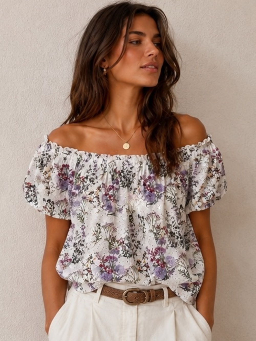 Violeta by Mango Floral Eyelet Off Shoulder Blouse White Purple M